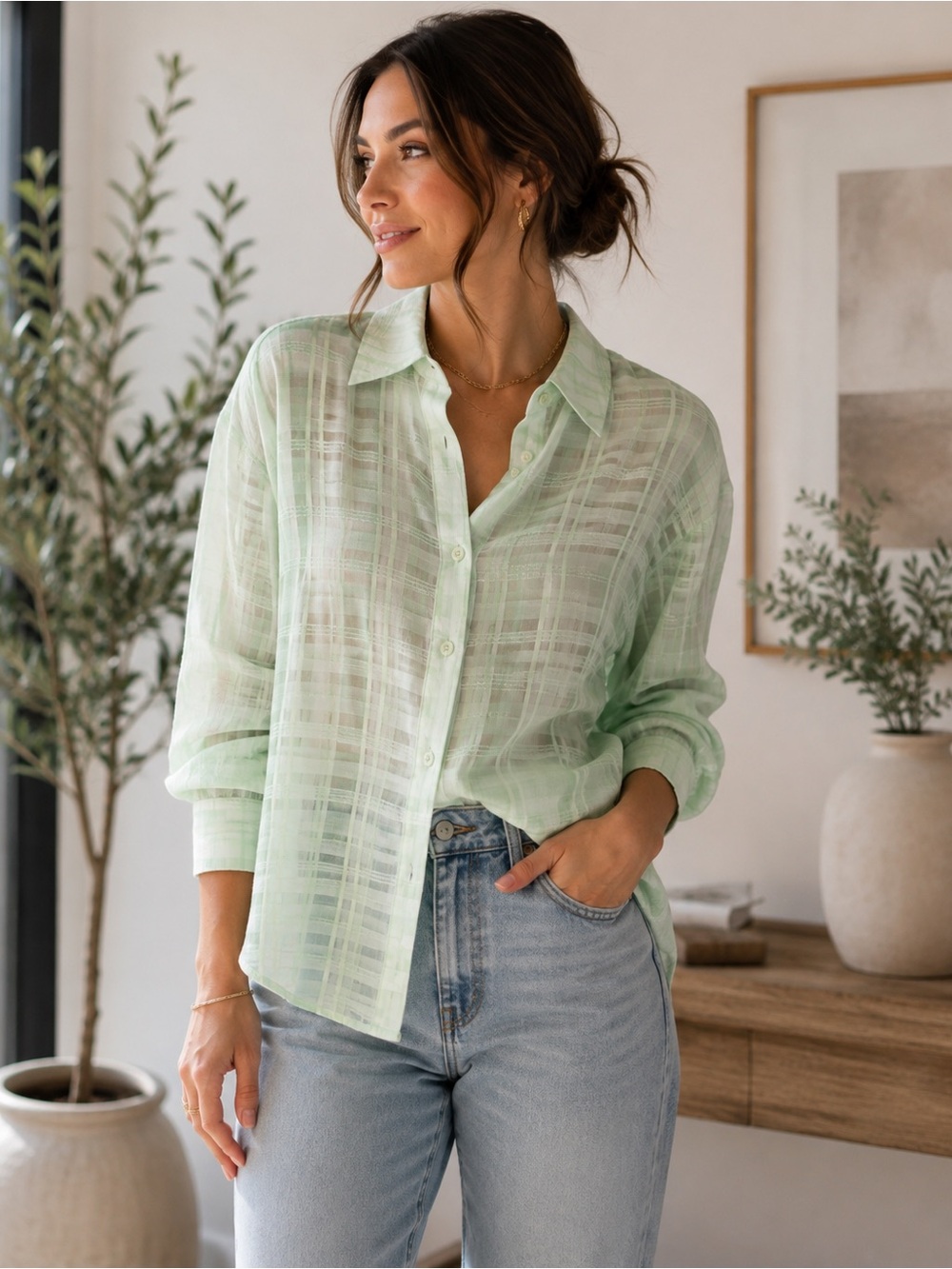 Mint Green Sheer Plaid Button-Down Long Sleeve Shirt